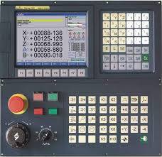 CNC machine control panel featuring a digital display and numerous buttons and knobs for precise operation and programming of machinery.