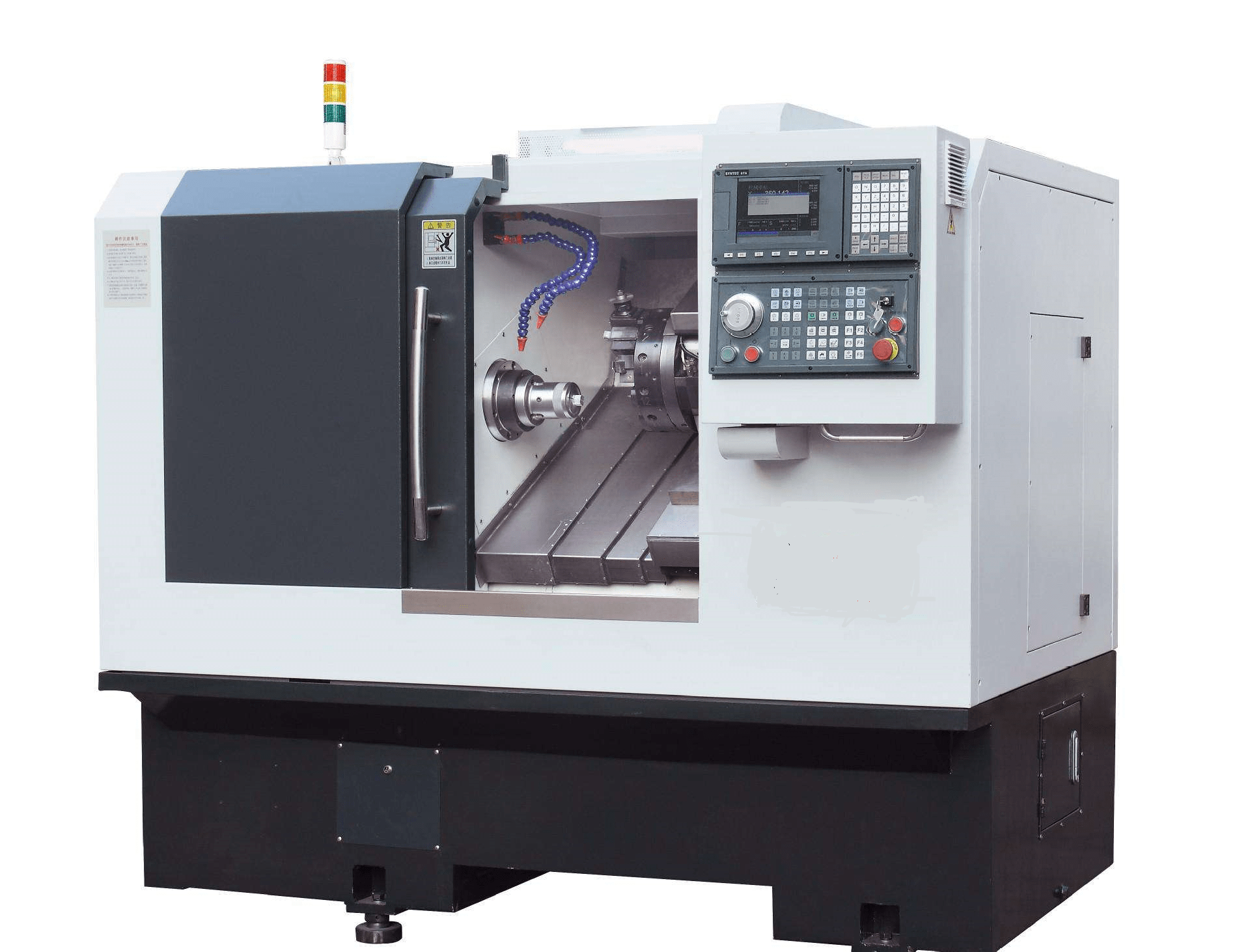 CNC lathe machine featuring a digital control panel and a partially open door, showcasing its workspace for precision machining tasks.