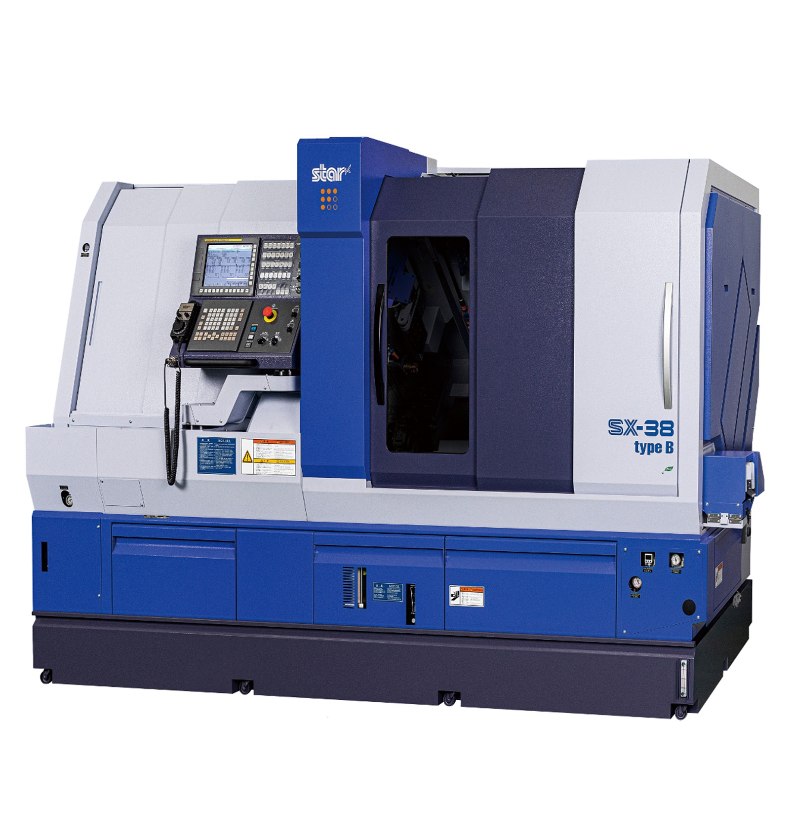 Advanced CNC lathe machine, model SX-38 Type B, showcasing control panel and operational components, essential for precision manufacturing processes.