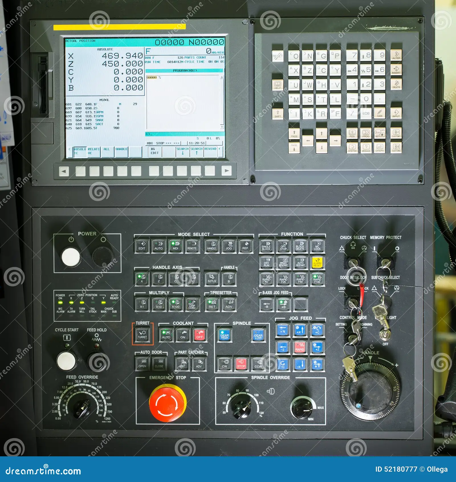Control panel of a CNC machine displaying operational readings and various control buttons for precision machining tasks.