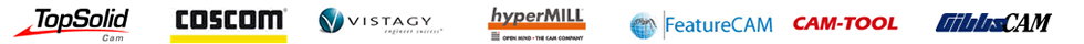 Logos of various machining software tools: TopSolid Cam, coscom, VISTAGY, hyperMILL, FeatureCAM, CAM-TOOL, and GibbsCAM, showcasing industry options.