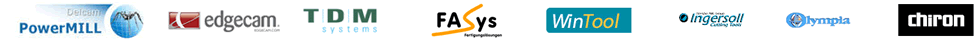 Logos of various manufacturing software and tooling solutions including Delcam, edgecam, TDM Systems, WinTool, and more, showcasing industry partnerships.