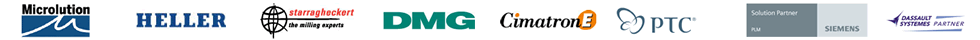 Logos of various companies including Microlution, Heller, DMG, and Siemens, highlighting key industry partners in manufacturing and engineering technology.