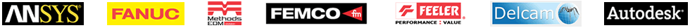 Logos of industry-leading companies: ANSYS, FANUC, FEMCO, Feeler, Delcam, and Autodesk, showcasing key players in engineering and manufacturing.