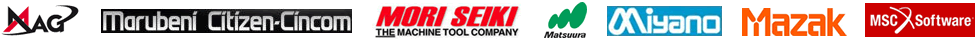 Logos of various machine tool companies, including MAG, Marubeni Citizen-Cincom, Mori Seiki, Matsura, Miyano, Mazak, and MSC Software, showcasing industry partners.
