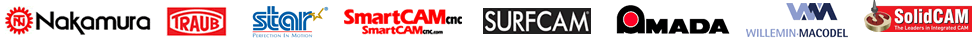 Logos of prominent manufacturing and machining companies, including Nakamura, Traub, and SolidCAM, showcasing industry brands and technology.