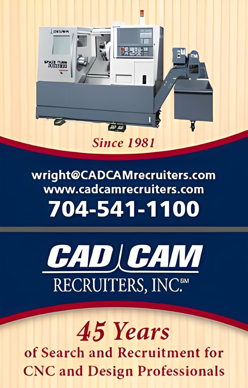 CNC machine and branding for CAD/CAM Recruiters, showcasing 45 years of recruitment services for CNC and design professionals.