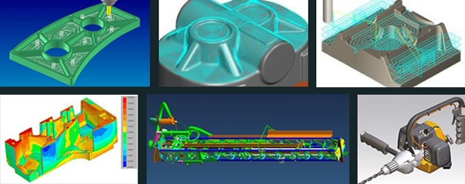 3D renderings of various mechanical components and tools showcasing detailed designs and engineering analysis for manufacturing applications.